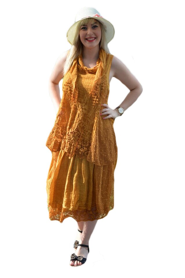 Rochie de dama cu broderie florala si dantela , D&J Exclusive, Galben