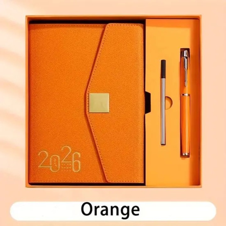 Set agenda 2026 A5 PRE-CJk0515-26-0825-2450, calendar saptamanal si lunar, editie in engleza, carnet A5 cu coperta texturata, stilou cu rezerva, cutie cadou, portocaliu