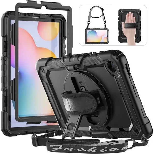 Husa pentru Samsung Galaxy Tab S6 Lite 10,4 inch compatibila cu SM-P620/SM-P625/SM-P627/SM-P610/SM-P615/SM-P613/SM-P619, protectie antishock (silicon + PC) cu 2 folii integrate, maner rotativ 360°, curea de umar detasabila, suport kickstand, S Pen, negru