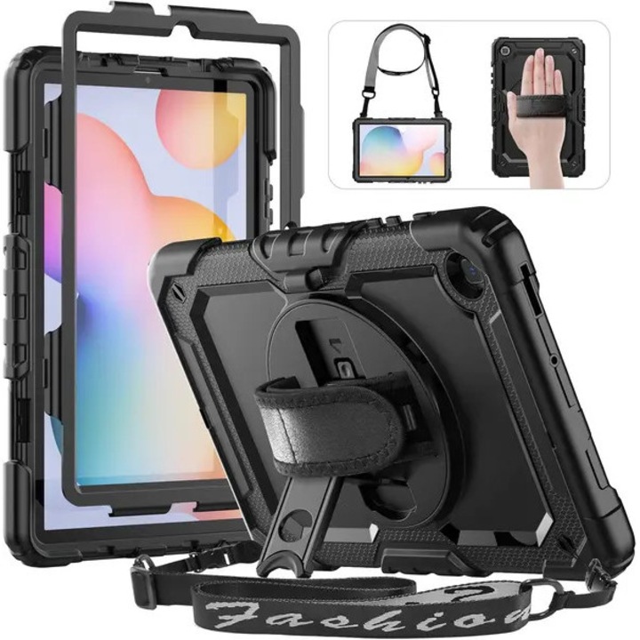 Husa pentru Samsung Galaxy Tab S6 Lite 10,4 inch compatibila cu SM-P620/SM-P625/SM-P627/SM-P610/SM-P615/SM-P613/SM-P619, protectie antishock (silicon + PC) cu 2 folii integrate, maner rotativ 360°, curea de umar detasabila, suport kickstand, S Pen, negru