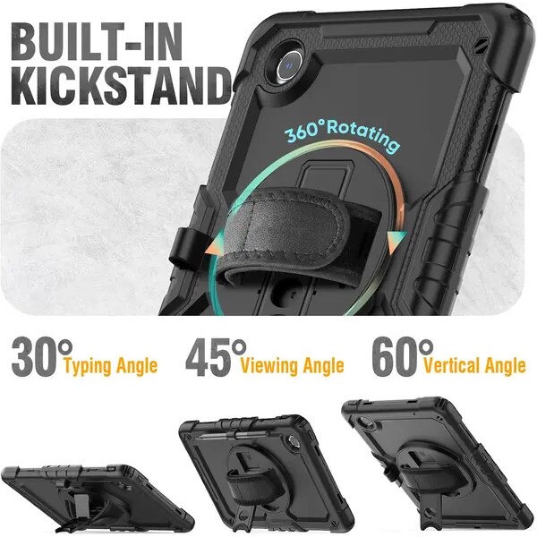 Husa pentru Samsung Galaxy Tab S6 Lite 10,4 inch compatibila cu SM-P620/SM-P625/SM-P627/SM-P610/SM-P615/SM-P613/SM-P619, protectie antishock (silicon + PC) cu 2 folii integrate, maner rotativ 360°, curea de umar detasabila, suport kickstand, S Pen, negru