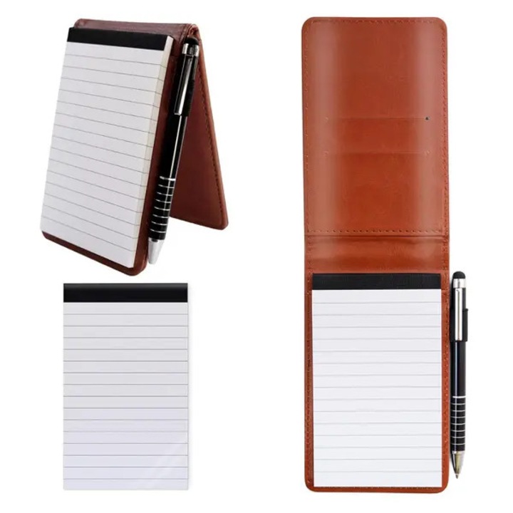 Carnet de buzunar A7 din piele PU, blocnotes cu pagini liniate, cu pix metalic, maro, 13.8 x 8.6 cm