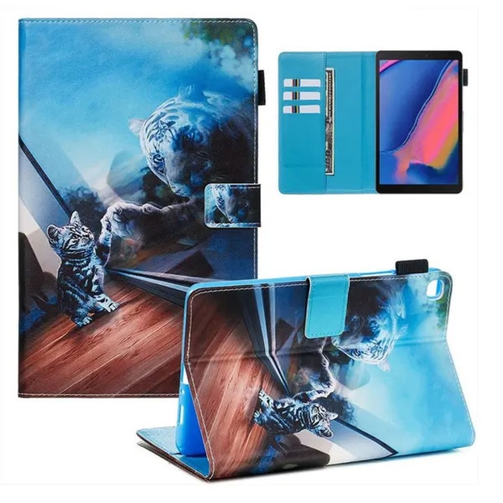 Husa portofel pentru Samsung Galaxy Tab A 8.0 (2019) SM-P200/SM-P205, piele ecologica, model tigru, turcoaz, 3 sloturi card, suport/stativ landscape, bucla pentru S Pen, PRE-CJk0515-26-0825-4289