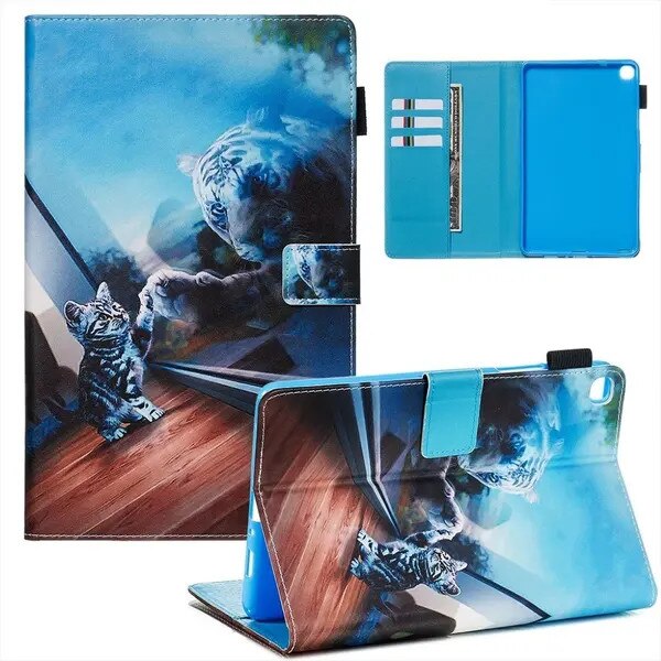 Husa portofel pentru Samsung Galaxy Tab A 8.0 (2019) SM-P200/SM-P205, piele ecologica, model tigru, turcoaz, 3 sloturi card, suport/stativ landscape, bucla pentru S Pen, PRE-CJk0515-26-0825-4289