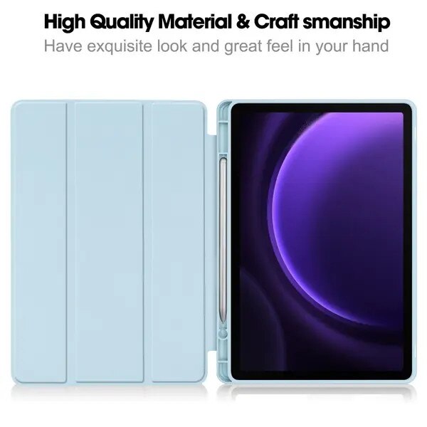 Husa pentru tableta Samsung Galaxy Tab S9 FE SM-X510/SM-X516, tri-fold din piele PU cu suport pentru S Pen, albastru deschis