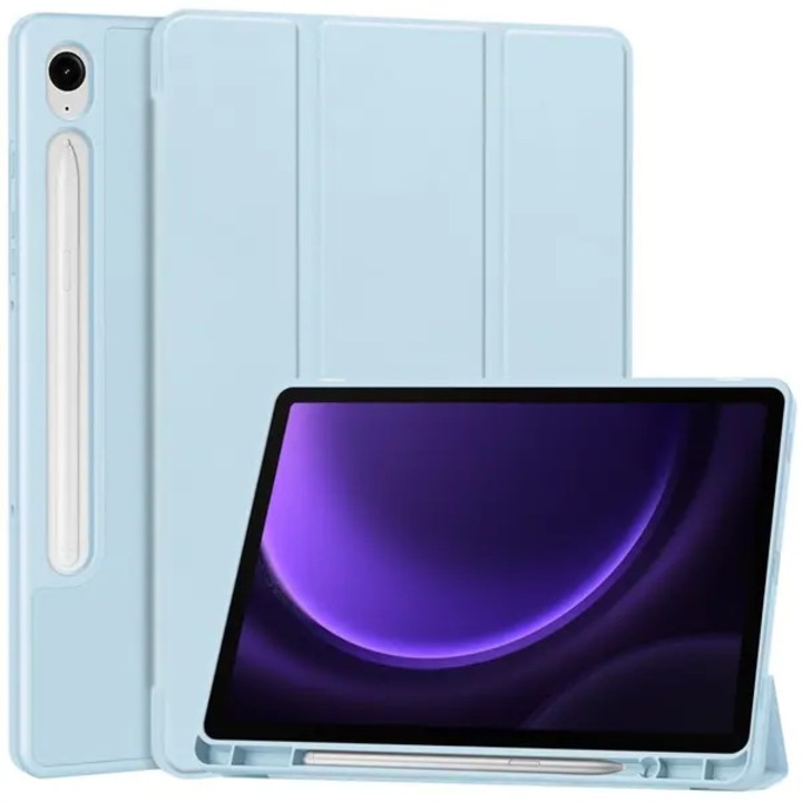 Husa pentru tableta Samsung Galaxy Tab S9 FE SM-X510/SM-X516, tri-fold din piele PU cu suport pentru S Pen, albastru deschis