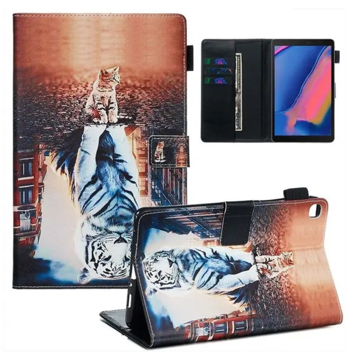 Husa portofel pentru Samsung Galaxy Tab A 8.0 (2019) cu S Pen SM-P200/SM-P205, din piele ecologica (PU), model pisica si tigru, multicolor, cu suport, 3 sloturi card, buzunar pentru bancnote, bucla pentru stylus si inchidere magnetica