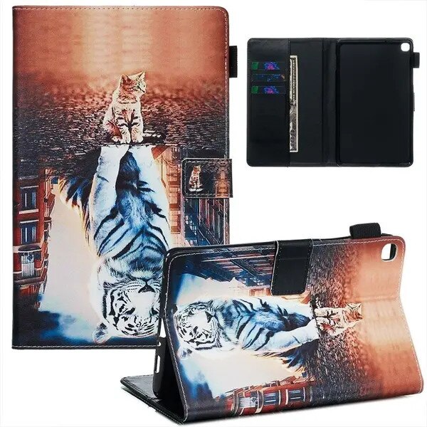 Husa portofel pentru Samsung Galaxy Tab A 8.0 (2019) cu S Pen SM-P200/SM-P205, din piele ecologica (PU), model pisica si tigru, multicolor, cu suport, 3 sloturi card, buzunar pentru bancnote, bucla pentru stylus si inchidere magnetica