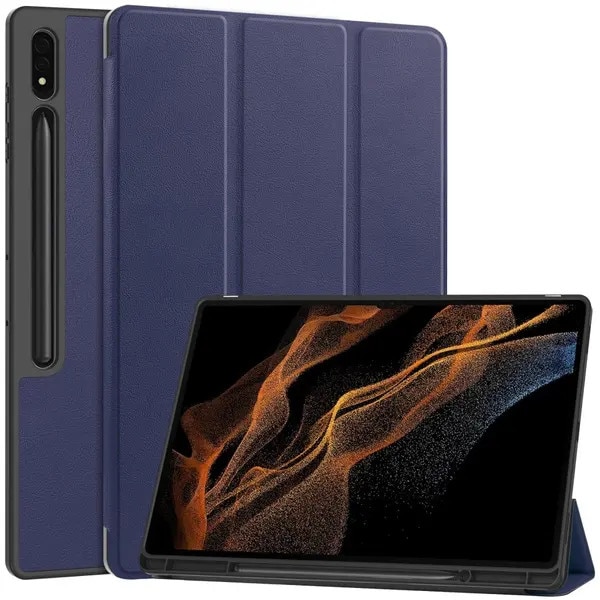 Husa stand pentru Samsung Galaxy Tab S10 Ultra PRE-CJk0515-26-0825-4467, PU piele + TPU, tri-fold stativ, suport pentru stylus, auto wake/sleep, captuseala microfibra, albastru inchis