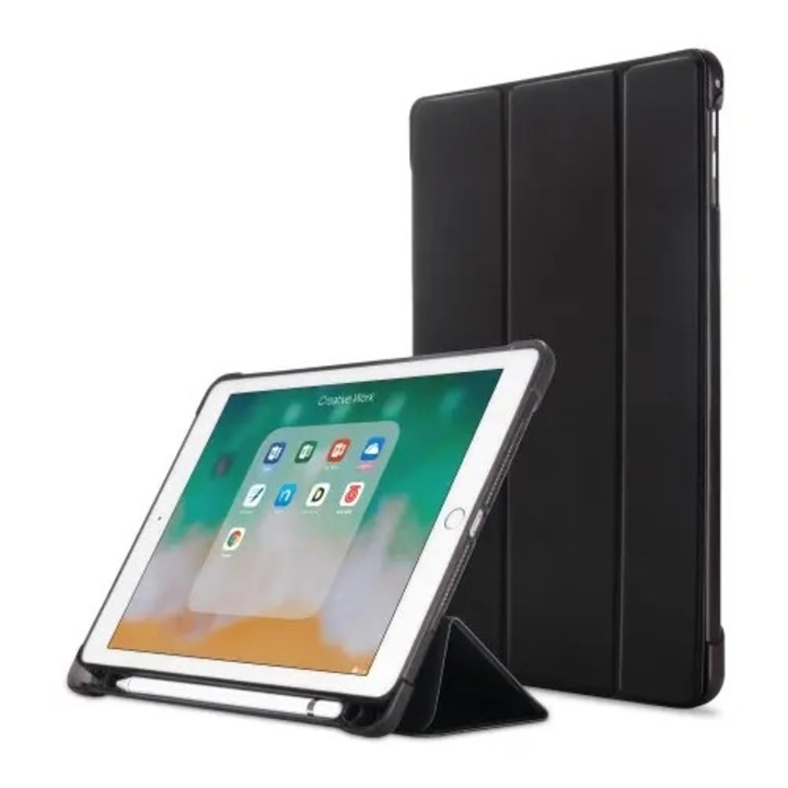Husa tri-fold pentru iPad 9.7 (5th/6th gen) si iPad Air/Air 2, compartiment pentru Apple Pencil, piele PU + TPU, negru, compatibila cu A1822/A1823/A1893/A1954/A1474/A1475/A1476/A1566/A1567, PRE-CJk0515-26-0825-4649
