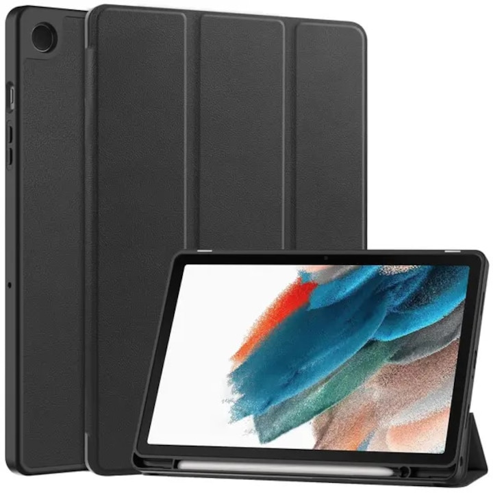 Husa pentru tableta compatibila cu Samsung Galaxy Tab A9 Plus (SM-X210/SM-X215/SM-X216), piele PU, tri-fold cu suport pentru S Pen, negru