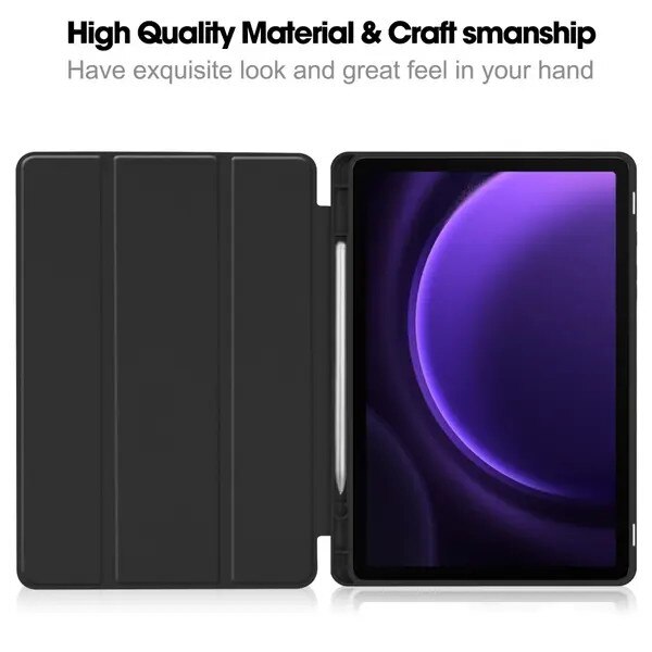 Husa pentru tableta Galaxy Tab S10 FE, tri-fold din piele PU cu suport pentru S Pen, decupaje pentru camera si butoane, negru, 1 buc.