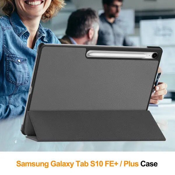 Husa tri-fold pentru Samsung Galaxy Tab S10 FE Plus (SM‑X620/SM‑X626), piele PU, suport S Pen, functie auto wake/sleep, gri