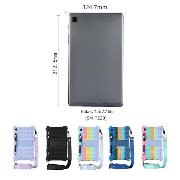 Husa pentru tableta Galaxy Tab A7 Lite T220/T225 din silicon, suport incorporat, design pop-it, cu stylus si curea, multicolor, 22 x 13 cm