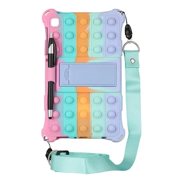 Husa pentru tableta Galaxy Tab A7 Lite T220/T225 din silicon, suport incorporat, design pop-it, cu stylus si curea, multicolor, 22 x 13 cm