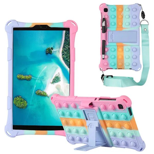 Husa pentru tableta Galaxy Tab A7 Lite T220/T225 din silicon, suport incorporat, design pop-it, cu stylus si curea, multicolor, 22 x 13 cm