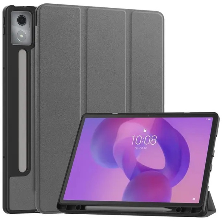 Husa tableta compatibila Lenovo Idea Tab Pro, tri-fold suport in PU piele + PC cu buzunar pentru stylus si functie wake/sleep, gri, PRE-CJk0515-26-0825-4326