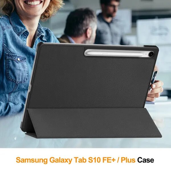 Husa compatibila Samsung Galaxy Tab S10 FE Plus SM-X620/SM-X626/SM-X626B, PU piele, suport S Pen, capac tri-fold cu functie auto sleep/wake, negru