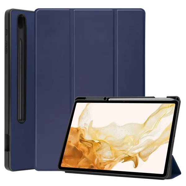 Husa pentru tableta Galaxy Tab S7 Plus/S8 Plus 12.4, tri-fold din piele PU cu suport pentru S Pen, albastru