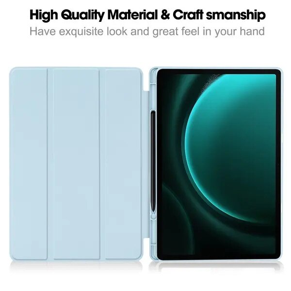 Husa pentru tableta compatibila cu Samsung Galaxy Tab S9 FE Plus SM-X610/SM-X616, tri-fold pliabila cu suport pentru S Pen, piele PU, albastru deschis, 1 buc.