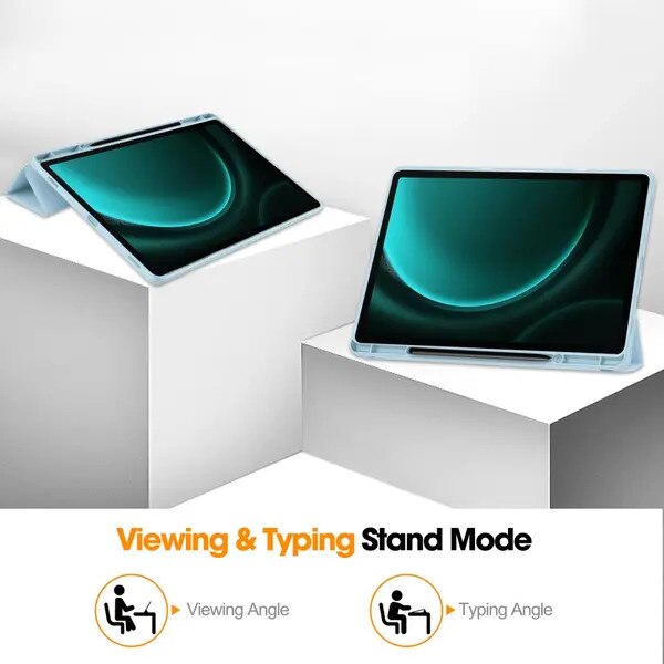 Husa pentru tableta compatibila cu Samsung Galaxy Tab S9 FE Plus SM-X610/SM-X616, tri-fold pliabila cu suport pentru S Pen, piele PU, albastru deschis, 1 buc.