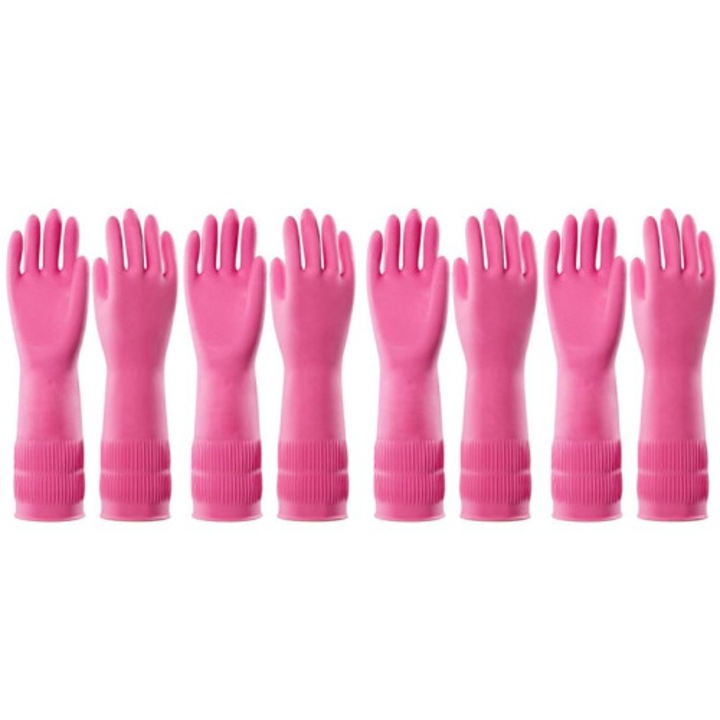 Természetes latex mosogatókesztyű, újrafelhasználható, csúszásmentes texturált tenyérrel, rózsaszín, 4 pár/szett, S méret