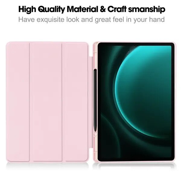 Husa pentru tableta Samsung Galaxy Tab S9 FE Plus SM-X610/SM-X616B, tri-fold cu suport pentru S Pen, din piele PU, roz