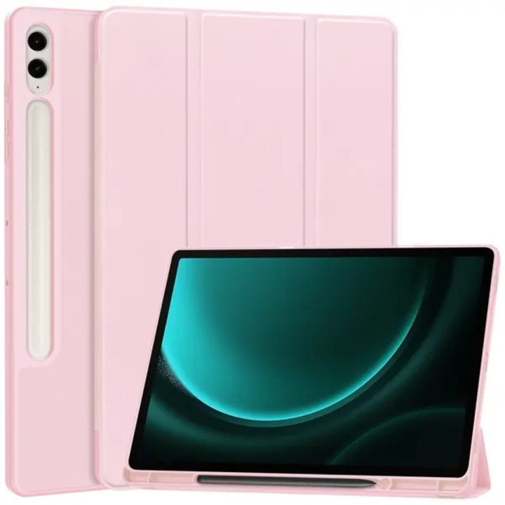 Husa pentru tableta Samsung Galaxy Tab S9 FE Plus SM-X610/SM-X616B, tri-fold cu suport pentru S Pen, din piele PU, roz