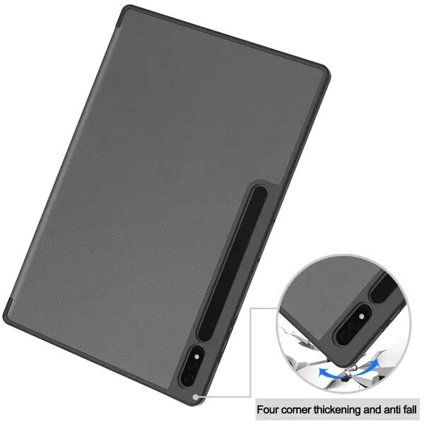 Husa cu stativ pentru Samsung Galaxy Tab S10 Ultra PRE-CJk0515-26-0825-4941, din PU cu interior TPU, design tri-fold, rezistenta la socuri, suport S Pen, auto wake/sleep, captuseala din microfibra, gri