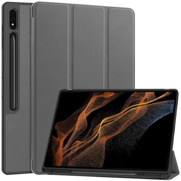 Husa cu stativ pentru Samsung Galaxy Tab S10 Ultra PRE-CJk0515-26-0825-4941, din PU cu interior TPU, design tri-fold, rezistenta la socuri, suport S Pen, auto wake/sleep, captuseala din microfibra, gri
