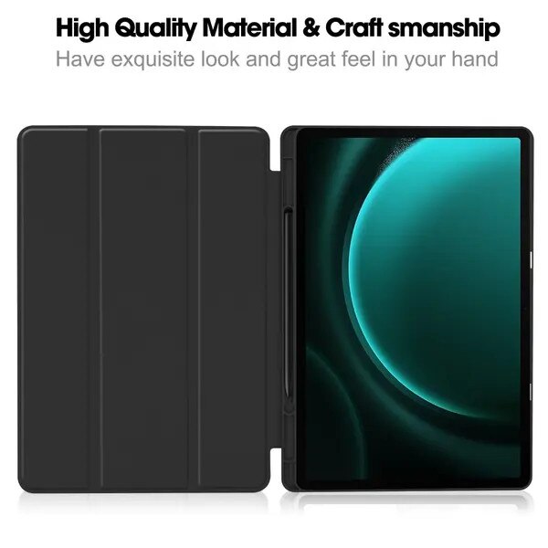 Husa pentru tableta Samsung Galaxy Tab S9 FE Plus SM-X610/SM-X616, tri-fold din piele PU cu suport pentru S Pen, negru