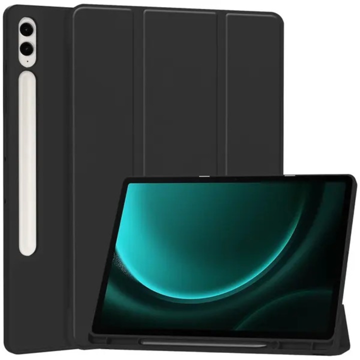 Husa pentru tableta Samsung Galaxy Tab S9 FE Plus SM-X610/SM-X616, tri-fold din piele PU cu suport pentru S Pen, negru