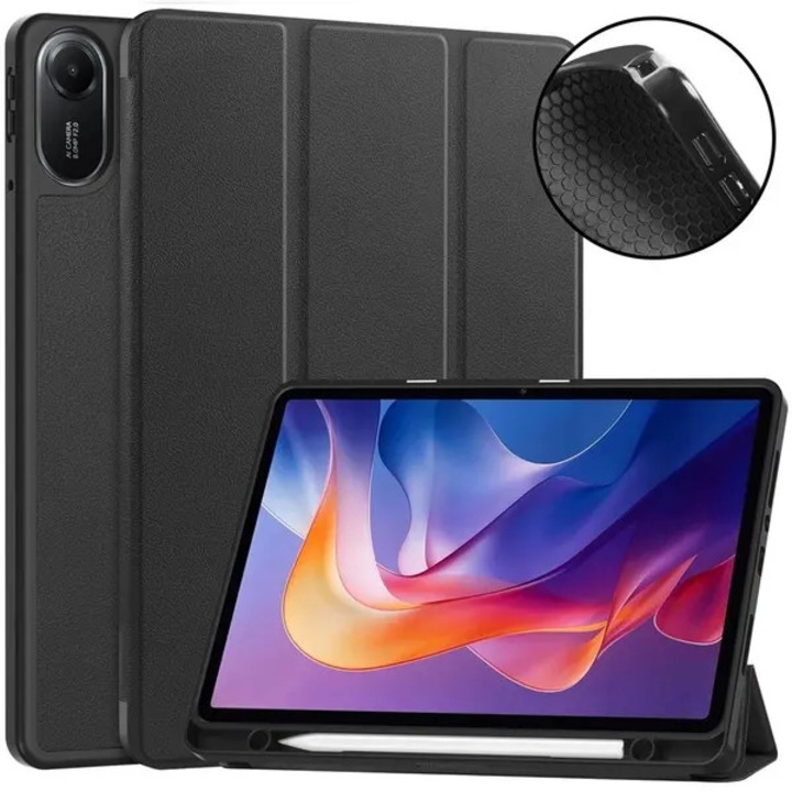 Husa pentru Xiaomi Redmi Pad 2 PRE-CJk0515-26-0825-5056, folio cu trei plieri si suport, interior TPU antishoc cu model honeycomb, piele PU, functie wake/sleep, buzunar pentru stylus, negru
