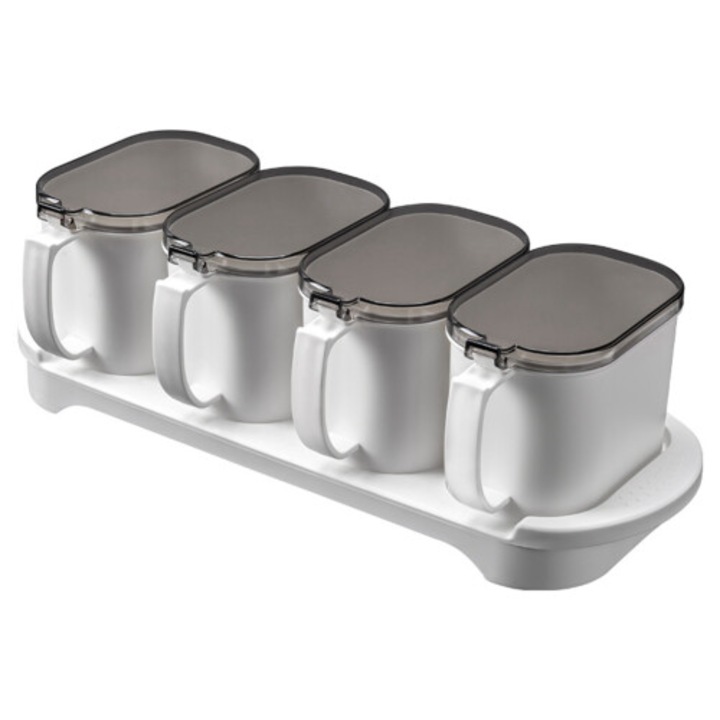 Set de 4 recipiente pentru condimente OB-k0509--260826-1674, din PP cu lingurite si suport, capace fumurii etanse, alb, 36.5 x 13.5 x 10 cm