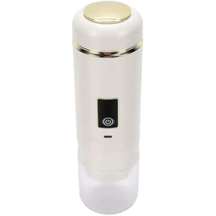 Espressor portabil model K0569-260825-3597-AMC, reincarcabil 7800mAh, USB-C, 72W, pana la 99°C in 5 min, rezervor 200 ml, compatibil capsule si cafea macinata, alb/auriu