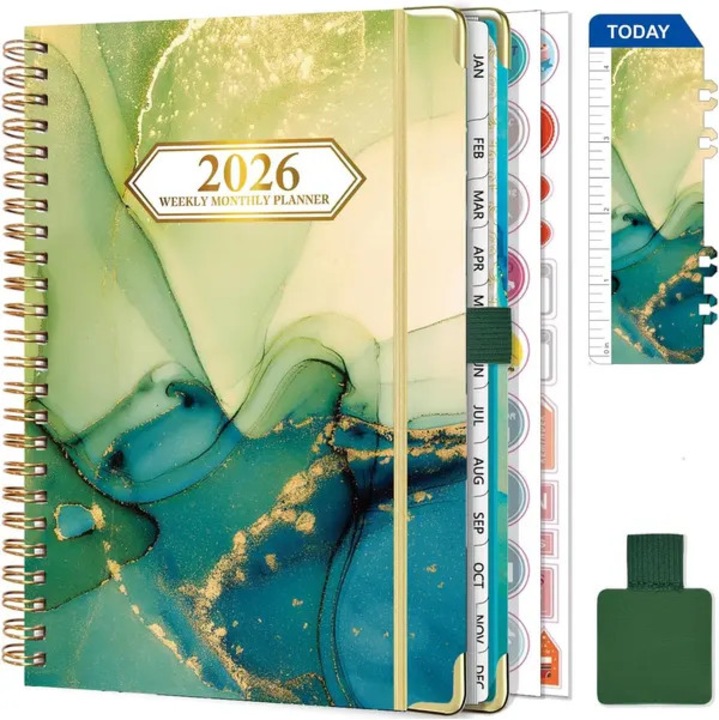 Planer saptamanal si lunar 2026 A5, spiralat, cu file lunare si suport pentru pix, hartie 100 GSM, verde, 21,7 x 15,8 cm, PRE-CJk0515-26-0825-5474