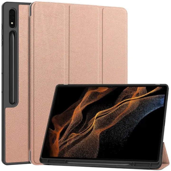 Husa cu stand pentru Samsung Galaxy Tab S10 Ultra PRE-CJk0515-26-0825-4367, PU (piele ecologica) + TPU, stativ pliabil in 3 trepte, suport pentru stylus, auto wake/sleep, auriu/verde