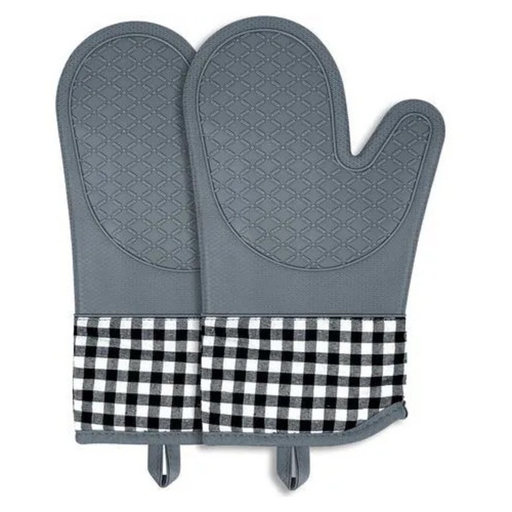 K0544-26825-707-MLC sütőkesztyű, hőálló 230°C-ig, szilikon pamut béléssel, csúszásgátló, szürke fekete-fehér kockás mintával, 30 cm