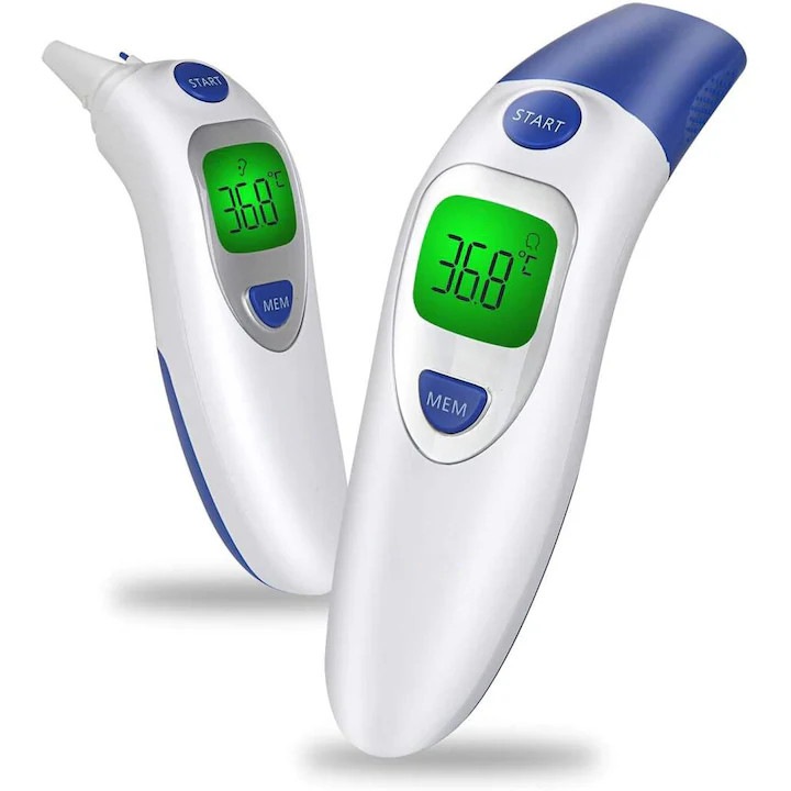 Érintésmentes digitális hőmérő KP-K0446-0826-096, kettős mód homlok/fül, megvilágított LCD kijelző, 30 mérés memória, fehér/kék