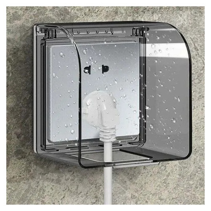 Cutie etansa pentru priza din PC, model K0544-26825-2579-MLC, protectie pentru copii (childproof), IP55, compatibila cu prize in relief 70 mm, gri translucid, 12.2×10.8×7.3 cm
