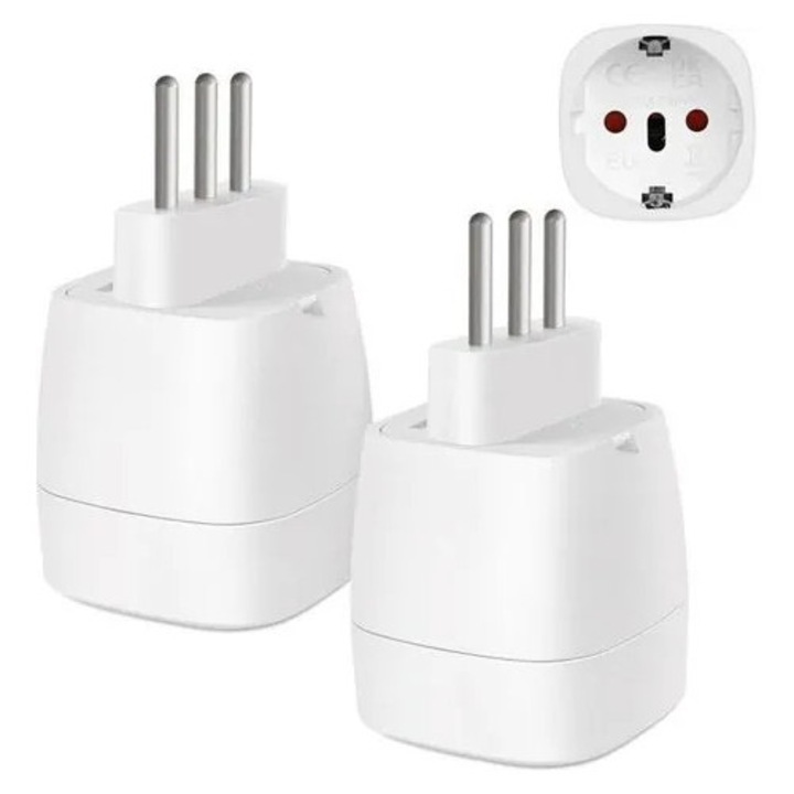 Adaptor de priza Tip L la priza europeana K0544-26825-2871-MLC, 10 A, 250 V, 2500 W, cu protectie pentru copii, alb, set 2 buc
