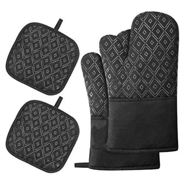 4 részes sütőkesztyű és edényfogó szett, szilikon bevonatú poliészter, hőálló 300°C-ig, fekete, kesztyű 17 x 27 cm, edényfogó 17.5 x 17.5 cm