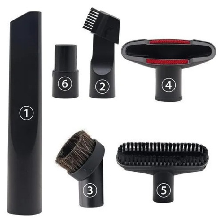 Set accesorii pentru aspirator, 6 piese K0544-26825-670-MLC, duza pentru crapaturi, perie rotunda, perie multifunctionala, perie tapiterie, duza combinata, adaptor 32 mm (1 1/4") la 35 mm (1 3/8"), negru