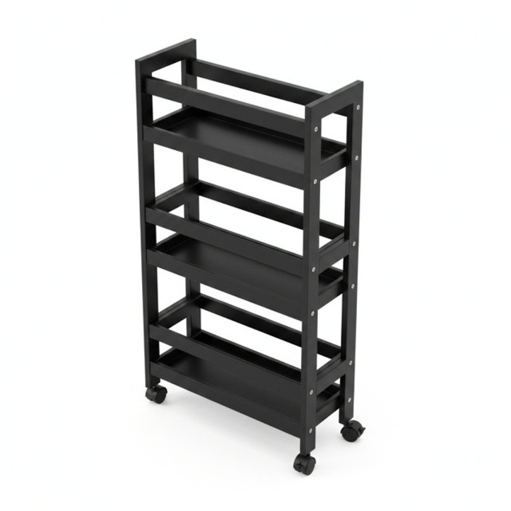 Raft de baie ingust pe roti, 3 rafturi KLUK, 38 x 15 x 76 cm, negru