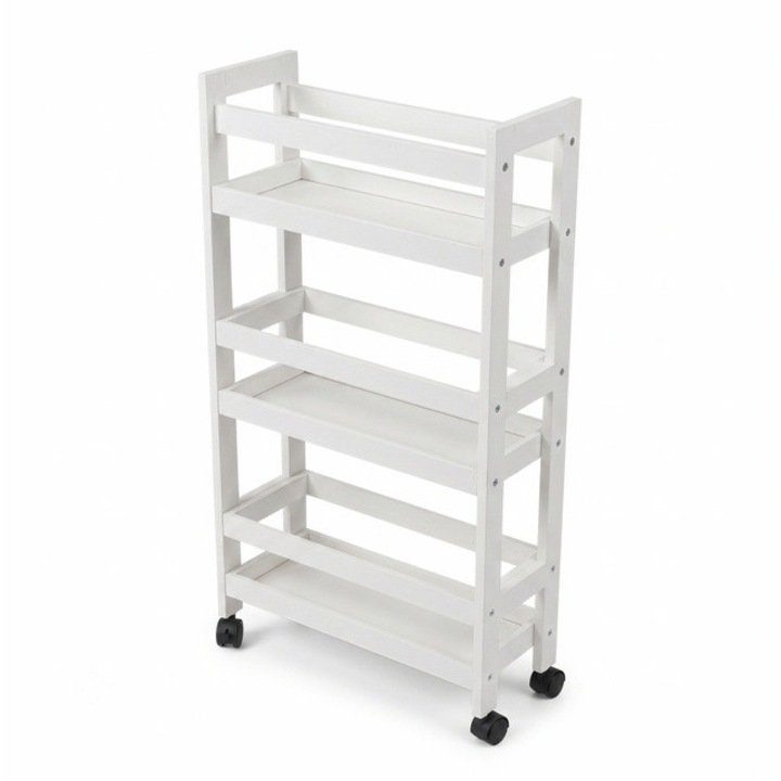 Raft de baie ingust pe roti, 3 rafturi KLUK, 38 x 15 x 76 cm, alb