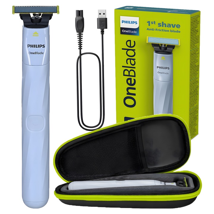Philips OneBlade First Shave QP1324/20 borotva szett, tok, Wet & Dry, USB-A, 30 perc üzemidő, irritációmentes penge, kék, tok