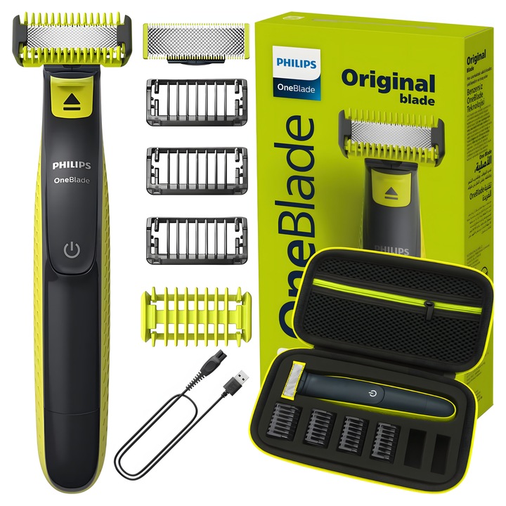 Philips OneBlade QP2824/10 hibrid borotva szett, arcra és testre, 2 eredeti penge, 5 tartozék, Wet & Dry, 45 perc üzemidő, USB-A töltés, nagy, nem Philips márkájú utazótok