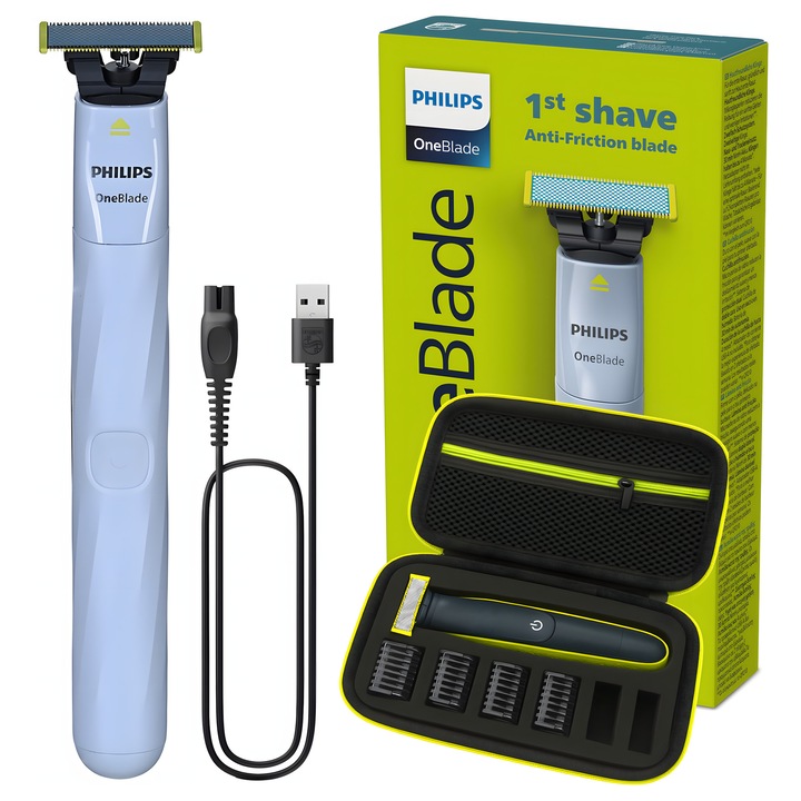 Philips OneBlade First Shave QP1324/20 borotva szett, tok, Wet & Dry, USB-A, 30 perc üzemidő, irritációmentes penge, kék, nagy tok