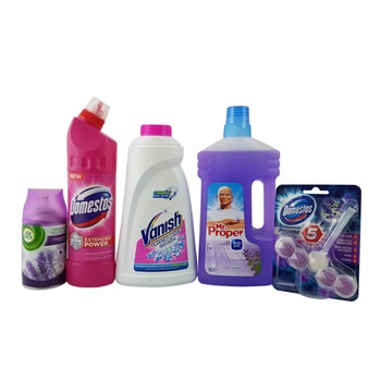 Set curatenie: Rezerva Air Wick Levanda, 250 ml+Dezinfectant Domestos Pink, 750 ml+Solutie Vanish Crystal White, 1l+Solutie pardoseli Mr Proper Lavanda, 1L+Odorizant toaleta Domestos Power 5 Lavander, 55G Set curatenie: Rezerva Air Wick Levanda, 250 ml+Dezinfectant Domestos Pink, 750 ml+Solutie Vanish Crystal White, 1l+Solutie pardoseli Mr Proper Lavanda, 1L+Odorizant toaleta Domestos Power 5 Lavander, 55G