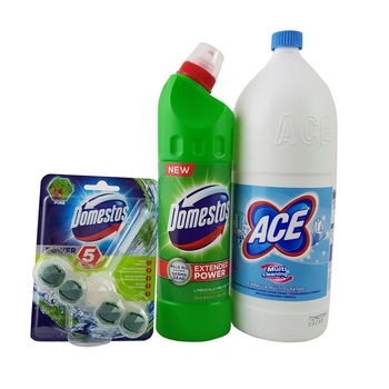 Set curatenie:Ace universal 2L+Dezinfectant inalbitor anticalcar Domestos Pine, 750 ml+Odorizant toaleta Domestos pin, 55g Set curatenie:Ace universal 2L+Dezinfectant inalbitor anticalcar Domestos Pine, 750 ml+Odorizant toaleta Domestos pin, 55g